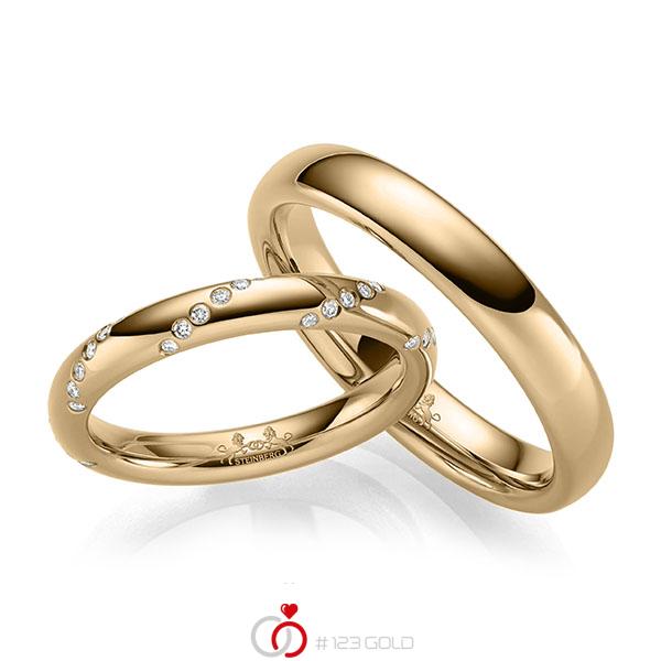 Paar klassische Trauringe/Eheringe in Roségold 585 mit zus. 0,15 ct. Brillant tw, si von Steinberg - Q-1672-1 Paar klassische Trauringe/Eheringe in Roségold 585 mit zus. 0,15 ct. Brillant tw, si von Steinberg - Q-1672-1