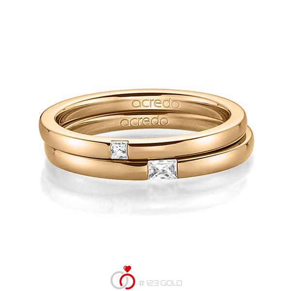 Paar klassische Trauringe/Eheringe in Roségold 585 mit zus. 0,1 ct. Prinzess-Diamant & Baguette-Diamant tw, si tw, vs von acredo - A-1395-7 Paar klassische Trauringe/Eheringe in Roségold 585 mit zus. 0,1 ct. Prinzess-Diamant & Baguette-Diamant tw, si tw, vs von acredo - A-1395-7