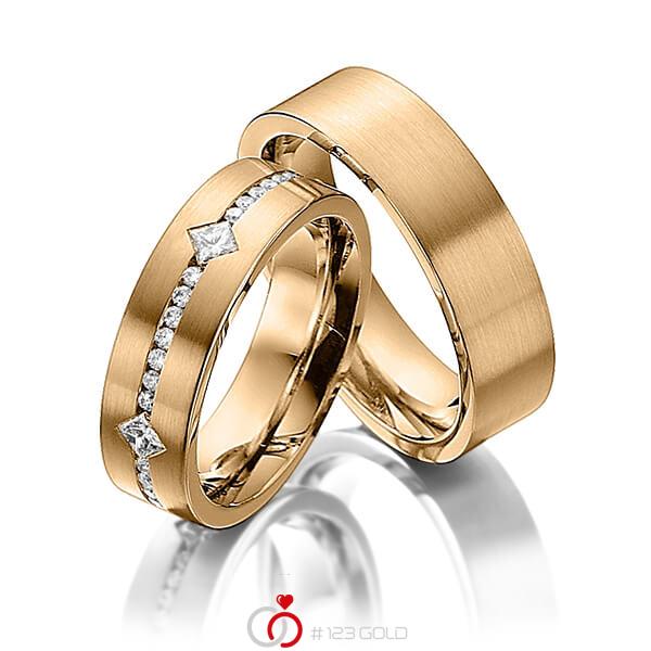 Paar klassische Trauringe/Eheringe in Roségold 585 mit zus. 0,95 ct. Brillant & Prinzess-Diamant tw, si von Steinberg - Q-1224-5 Paar klassische Trauringe/Eheringe in Roségold 585 mit zus. 0,95 ct. Brillant & Prinzess-Diamant tw, si von Steinberg - Q-1224-5
