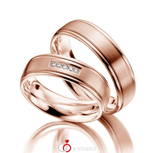 Paar klassische Trauringe/Eheringe in Rotgold 375 mit zus. 0,05 ct. Brillant tw, si - NP-1130-4 Paar klassische Trauringe/Eheringe in Rotgold 375 mit zus. 0,05 ct. Brillant tw, si - NP-1130-4
