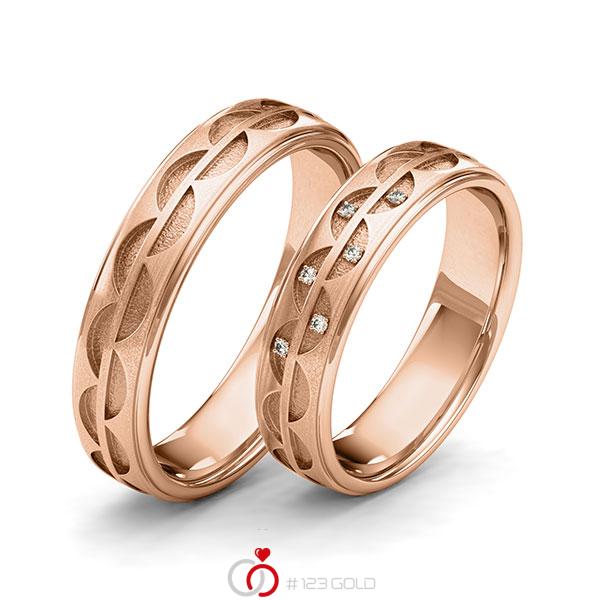 Paar klassische Trauringe/Eheringe in Rotgold 585 Laser Struktur mit zus. 0,03 ct. Brillant tw, si von 123gold - Y-1412-5 Paar klassische Trauringe/Eheringe in Rotgold 585 Laser Struktur mit zus. 0,03 ct. Brillant tw, si von 123gold - Y-1412-5