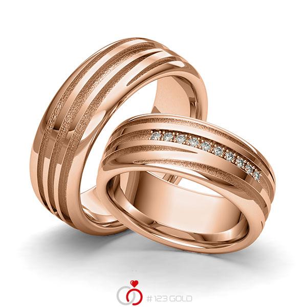 Paar klassische Trauringe/Eheringe in Rotgold 585 Laser Struktur mit zus. 0,09 ct. Brillant tw, si von 123gold - Y-1410-4 Paar klassische Trauringe/Eheringe in Rotgold 585 Laser Struktur mit zus. 0,09 ct. Brillant tw, si von 123gold - Y-1410-4