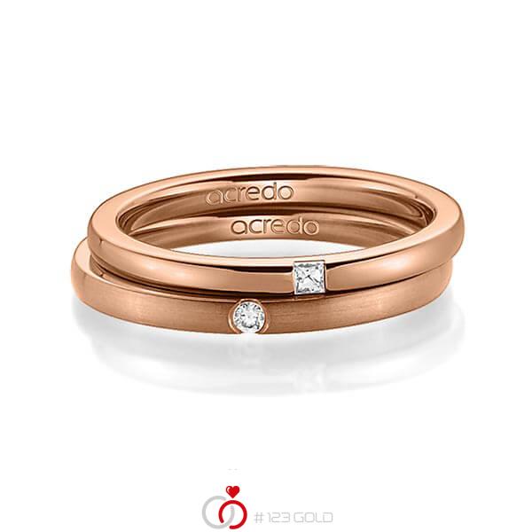 Paar klassische Trauringe/Eheringe in Rotgold 585 mit zus. 0,055 ct. Prinzess-Diamant & Brillant tw, si von acredo - A-1393-5 Paar klassische Trauringe/Eheringe in Rotgold 585 mit zus. 0,055 ct. Prinzess-Diamant & Brillant tw, si von acredo - A-1393-5