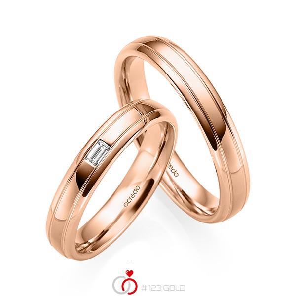 Paar klassische Trauringe/Eheringe in Rotgold 585 mit zus. 0,06 ct. Baguette-Diamant tw, vs von acredo - S-1229-5 Paar klassische Trauringe/Eheringe in Rotgold 585 mit zus. 0,06 ct. Baguette-Diamant tw, vs von acredo - S-1229-5