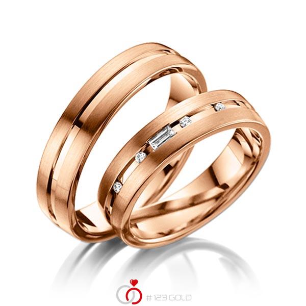 Paar klassische Trauringe/Eheringe in Rotgold 585 mit zus. 0,09 ct. Brillant & Baguette-Diamant tw, vs von acredo - A-6003-4 Paar klassische Trauringe/Eheringe in Rotgold 585 mit zus. 0,09 ct. Brillant & Baguette-Diamant tw, vs von acredo - A-6003-4
