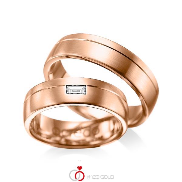 Paar klassische Trauringe/Eheringe in Rotgold 585 mit zus. 0,15 ct. Baguette-Diamant tw, vs von acredo - A-1009-6 Paar klassische Trauringe/Eheringe in Rotgold 585 mit zus. 0,15 ct. Baguette-Diamant tw, vs von acredo - A-1009-6