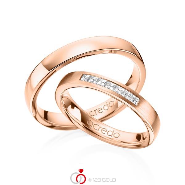 Paar klassische Trauringe/Eheringe in Rotgold 585 mit zus. 0,21 ct. Prinzess-Diamant tw, si von acredo - A-1374-5 Paar klassische Trauringe/Eheringe in Rotgold 585 mit zus. 0,21 ct. Prinzess-Diamant tw, si von acredo - A-1374-5