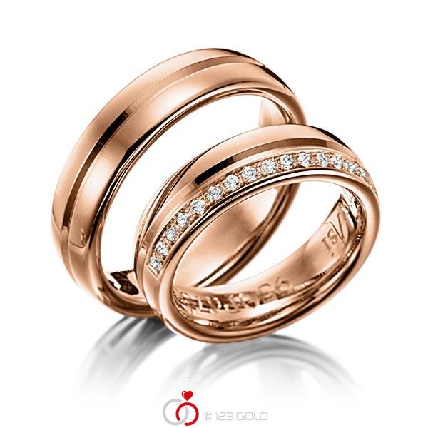Paar klassische Trauringe/Eheringe in Rotgold 585 mit zus. 0,225 ct. Brillant tw, si von Steinberg - Q-1213-8 Paar klassische Trauringe/Eheringe in Rotgold 585 mit zus. 0,225 ct. Brillant tw, si von Steinberg - Q-1213-8