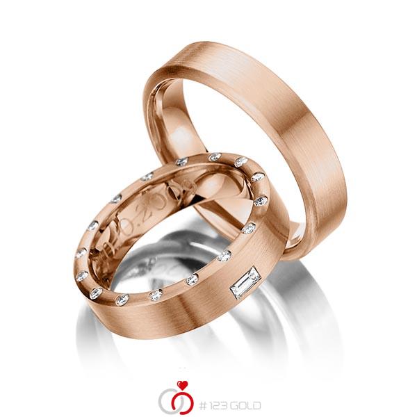 Paar klassische Trauringe/Eheringe in Rotgold 585 mit zus. 0,26 ct. Brillant & Baguette-Diamant tw, si tw, vs von 123gold - Y-1113-6 Paar klassische Trauringe/Eheringe in Rotgold 585 mit zus. 0,26 ct. Brillant & Baguette-Diamant tw, si tw, vs von 123gold - Y-1113-6