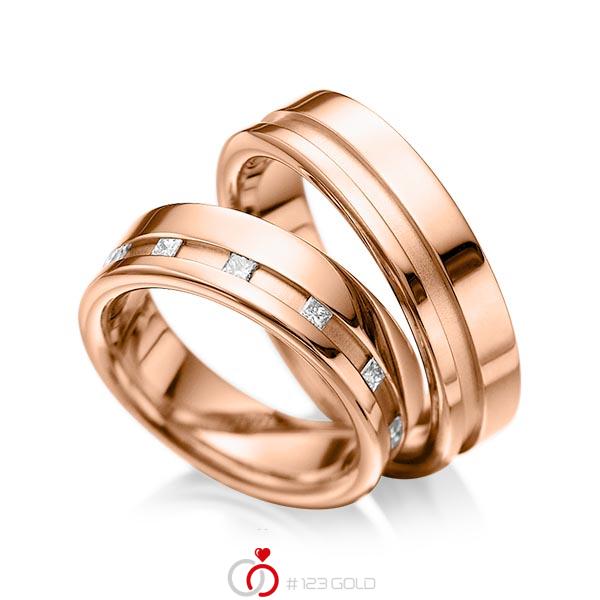 Paar klassische Trauringe/Eheringe in Rotgold 585 mit zus. 0,36 ct. Prinzess-Diamant tw, si von acredo - A-1024-6 Paar klassische Trauringe/Eheringe in Rotgold 585 mit zus. 0,36 ct. Prinzess-Diamant tw, si von acredo - A-1024-6