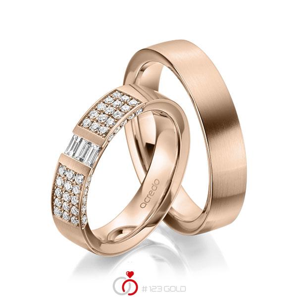 Paar klassische Trauringe/Eheringe in Rotgold 585 mit zus. 0,61 ct. Brillant & Baguette-Diamant tw, si tw, vs von acredo - A-1969-2 Paar klassische Trauringe/Eheringe in Rotgold 585 mit zus. 0,61 ct. Brillant & Baguette-Diamant tw, si tw, vs von acredo - A-1969-2