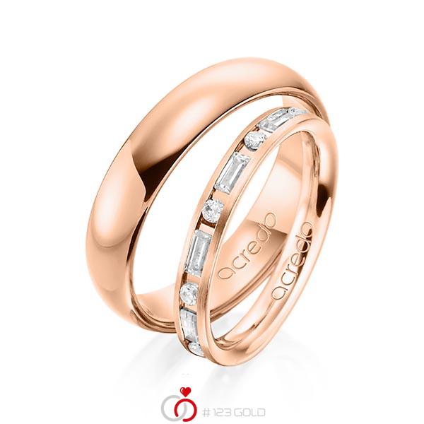 Paar klassische Trauringe/Eheringe in Rotgold 585 mit zus. 0,675 ct. Brillant & Baguette-Diamant tw, si tw, vs von acredo - A-1370-8 Paar klassische Trauringe/Eheringe in Rotgold 585 mit zus. 0,675 ct. Brillant & Baguette-Diamant tw, si tw, vs von acredo - A-1370-8