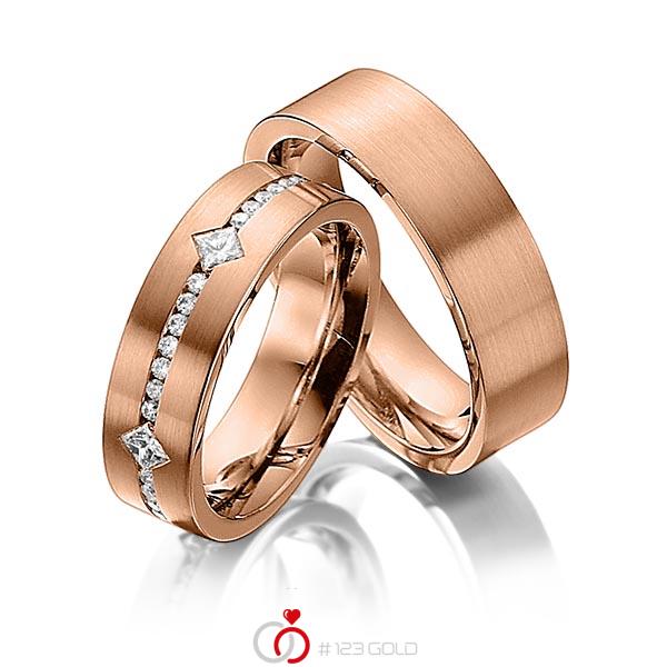 Paar klassische Trauringe/Eheringe in Rotgold 585 mit zus. 0,95 ct. Brillant & Prinzess-Diamant tw, si von 123gold - Y-1271-6 Paar klassische Trauringe/Eheringe in Rotgold 585 mit zus. 0,95 ct. Brillant & Prinzess-Diamant tw, si von 123gold - Y-1271-6