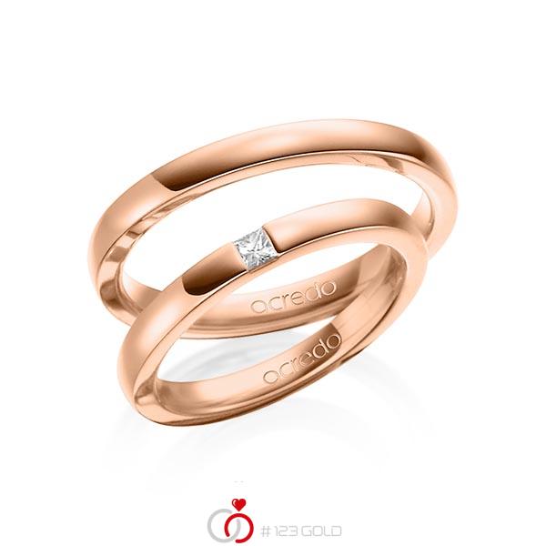 Paar klassische Trauringe/Eheringe in Rotgold 750 mit zus. 0,07 ct. Prinzess-Diamant tw, si von acredo - A-1460-4 Paar klassische Trauringe/Eheringe in Rotgold 750 mit zus. 0,07 ct. Prinzess-Diamant tw, si von acredo - A-1460-4