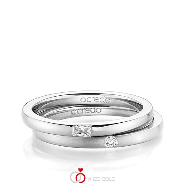 Paar klassische Trauringe/Eheringe in Weissgold 585 mit zus. 0,095 ct. Baguette-Diamant & Brillant tw, vs tw, si von acredo - A-1394-2 Paar klassische Trauringe/Eheringe in Weissgold 585 mit zus. 0,095 ct. Baguette-Diamant & Brillant tw, vs tw, si von acredo - A-1394-2