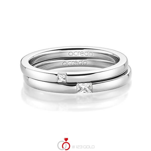 Paar klassische Trauringe/Eheringe in Weißgold 585 mit zus. 0,1 ct. Prinzess-Diamant & Baguette-Diamant tw, si tw, vs von acredo - A-1395-2 Paar klassische Trauringe/Eheringe in Weißgold 585 mit zus. 0,1 ct. Prinzess-Diamant & Baguette-Diamant tw, si tw, vs von acredo - A-1395-2