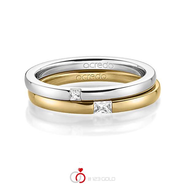 Paar klassische Trauringe/Eheringe in Weißgold 585 mit zus. 0,1 ct. Prinzess-Diamant & Baguette-Diamant tw, si tw, vs von acredo - A-1395-3 Paar klassische Trauringe/Eheringe in Weißgold 585 mit zus. 0,1 ct. Prinzess-Diamant & Baguette-Diamant tw, si tw, vs von acredo - A-1395-3