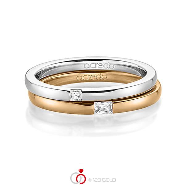 Paar klassische Trauringe/Eheringe in Weißgold 585 mit zus. 0,1 ct. Prinzess-Diamant & Baguette-Diamant tw, si tw, vs von acredo - A-1395-4 Paar klassische Trauringe/Eheringe in Weißgold 585 mit zus. 0,1 ct. Prinzess-Diamant & Baguette-Diamant tw, si tw, vs von acredo - A-1395-4
