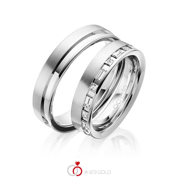 Paar klassische Trauringe/Eheringe in Weissgold 585 mit zus. 0,9 ct. Prinzess-Diamant & Baguette-Diamant tw, si tw, vs von acredo - A-1628-8 Paar klassische Trauringe/Eheringe in Weissgold 585 mit zus. 0,9 ct. Prinzess-Diamant & Baguette-Diamant tw, si tw, vs von acredo - A-1628-8
