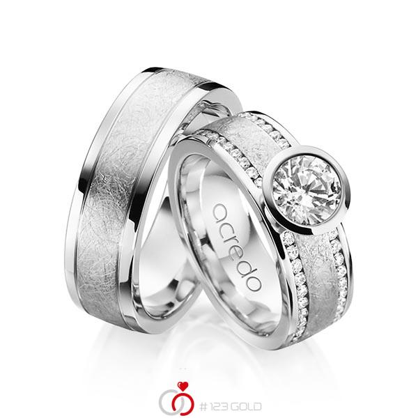Paar klassische Trauringe/Eheringe in Weißgold 750 mit 1 ct. + zus. 0,4 ct. Brillant tw, vs von acredo - A-1208-1 Paar klassische Trauringe/Eheringe in Weißgold 750 mit 1 ct. + zus. 0,4 ct. Brillant tw, vs von acredo - A-1208-1