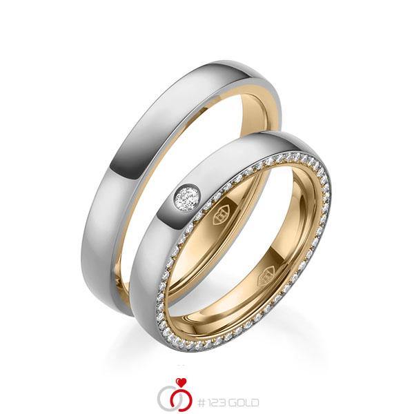 Set Bicolor Memoire-trouwringen in buiten grijsgoud 14 kt. , binnen roségoud 14 kt. volledig gezet met in totaal 0,31 ct. Briljant tw/si - UQ-1008-4 Set Bicolor Memoire-trouwringen in buiten grijsgoud 14 kt. , binnen roségoud 14 kt. volledig gezet met in totaal 0,31 ct. Briljant tw/si - UQ-1008-4