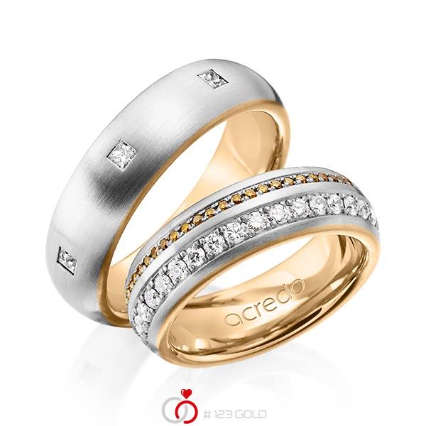 Set Bicolor Memoire-trouwringen in buiten grijsgoud 14 kt. , binnen roségoud 14 kt. volledig gezet met in totaal 1,59 ct. Briljant & Princess-Diamant Cognac r,if van acredo - A-1254-1 Set Bicolor Memoire-trouwringen in buiten grijsgoud 14 kt. , binnen roségoud 14 kt. volledig gezet met in totaal 1,59 ct. Briljant & Princess-Diamant Cognac r,if van acredo - A-1254-1