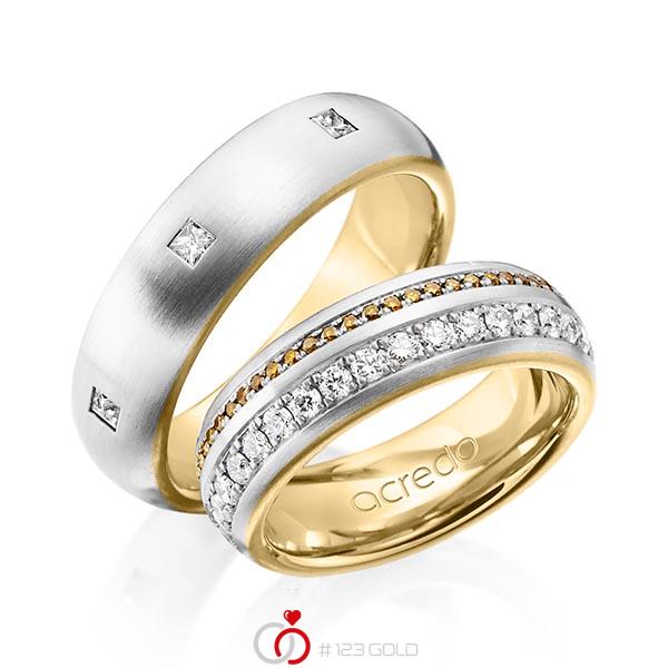 Set Bicolor Memoire-trouwringen in buiten platina 950 , binnen geelgoud 18 kt. volledig gezet met in totaal 1,59 ct. Briljant & Princess-Diamant Cognac r,if van acredo - A-1254-9 Set Bicolor Memoire-trouwringen in buiten platina 950 , binnen geelgoud 18 kt. volledig gezet met in totaal 1,59 ct. Briljant & Princess-Diamant Cognac r,if van acredo - A-1254-9