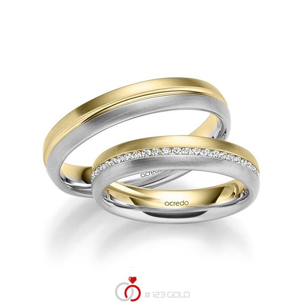 Set Bicolor Memoire-trouwringen in geelgoud 14 kt. witgoud 14 kt. volledig gezet met in totaal 0,392 ct. Briljant tw/si van acredo - A-1031-17 Set Bicolor Memoire-trouwringen in geelgoud 14 kt. witgoud 14 kt. volledig gezet met in totaal 0,392 ct. Briljant tw/si van acredo - A-1031-17