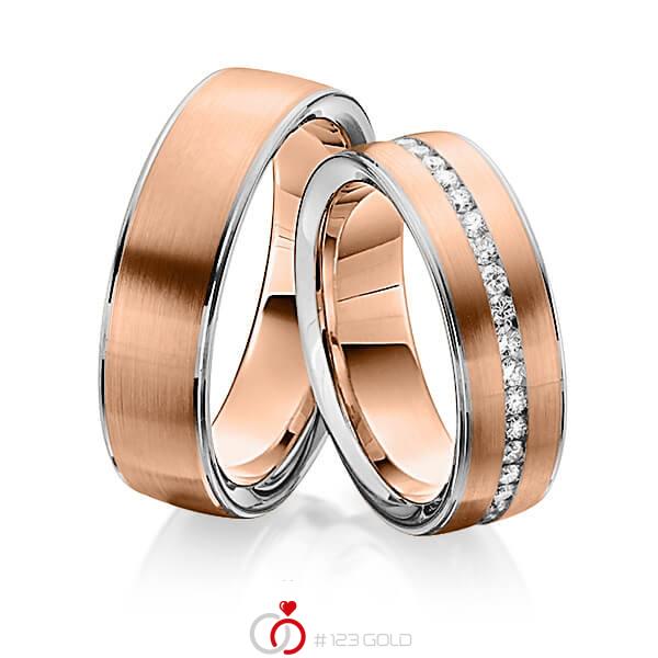 Set Bicolor Memoire-trouwringen in grijsgoud 14 kt. roodgoud 14 kt. volledig gezet met in totaal 0,74 ct. Briljant tw/si van Steinberg - Q-1342-8 Set Bicolor Memoire-trouwringen in grijsgoud 14 kt. roodgoud 14 kt. volledig gezet met in totaal 0,74 ct. Briljant tw/si van Steinberg - Q-1342-8