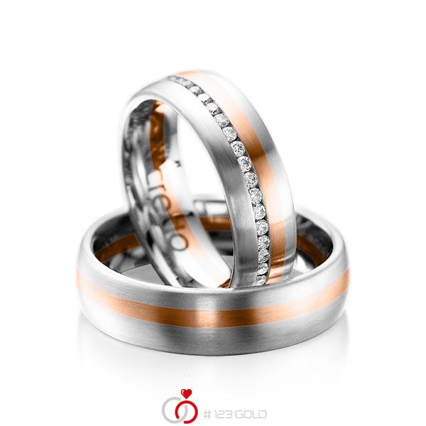 Set Bicolor Memoire-trouwringen in witgoud 14 kt. roodgoud 14 kt. volledig gezet met in totaal 0,47 ct. Briljant tw/si van acredo - A-1014-3 Set Bicolor Memoire-trouwringen in witgoud 14 kt. roodgoud 14 kt. volledig gezet met in totaal 0,47 ct. Briljant tw/si van acredo - A-1014-3