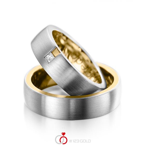 Set Bicolor trouwringen in buiten grijsgoud 14 kt. , binnen geelgoud 14 kt. met in totaal 0,06 ct. Princess-Diamant tw/si van acredo - A-1091-11 Set Bicolor trouwringen in buiten grijsgoud 14 kt. , binnen geelgoud 14 kt. met in totaal 0,06 ct. Princess-Diamant tw/si van acredo - A-1091-11
