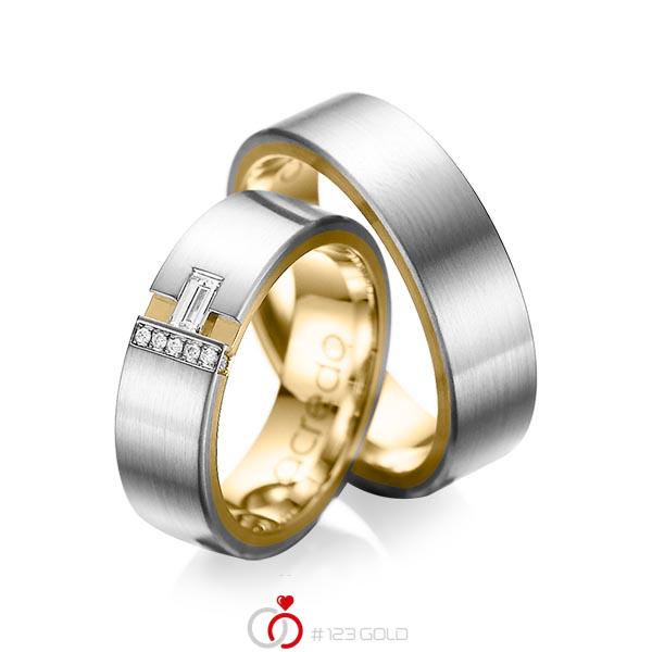 Set Bicolor trouwringen in buiten grijsgoud 14 kt. , binnen geelgoud 14 kt. met in totaal 0,155 ct. Baguette-Diamant & Briljant tw,vs tw/si van acredo - A-1066-5 Set Bicolor trouwringen in buiten grijsgoud 14 kt. , binnen geelgoud 14 kt. met in totaal 0,155 ct. Baguette-Diamant & Briljant tw,vs tw/si van acredo - A-1066-5