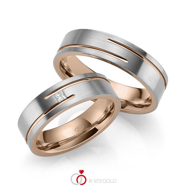Set Bicolor trouwringen in buiten grijsgoud 14 kt. , binnen roodgoud 14 kt. met in totaal 0,05 ct. Princess-Diamant tw,vs - UQ-1043-1 Set Bicolor trouwringen in buiten grijsgoud 14 kt. , binnen roodgoud 14 kt. met in totaal 0,05 ct. Princess-Diamant tw,vs - UQ-1043-1