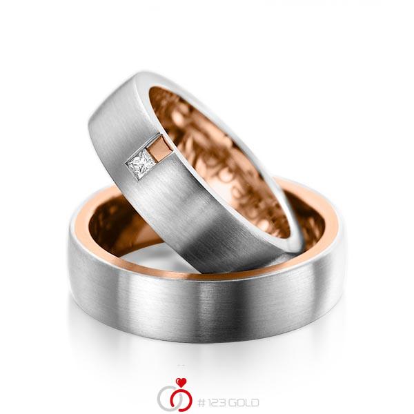Set Bicolor trouwringen in buiten grijsgoud 14 kt. , binnen roodgoud 14 kt. met in totaal 0,06 ct. Princess-Diamant tw/si van acredo - A-1091-1 Set Bicolor trouwringen in buiten grijsgoud 14 kt. , binnen roodgoud 14 kt. met in totaal 0,06 ct. Princess-Diamant tw/si van acredo - A-1091-1