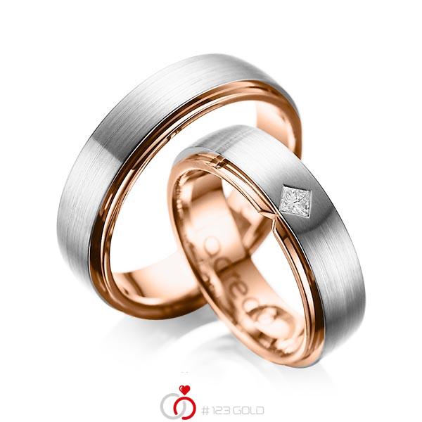 Set Bicolor trouwringen in buiten grijsgoud 14 kt. , binnen roodgoud 14 kt. met in totaal 0,1 ct. Princess-Diamant tw/si van acredo - A-1061-6 Set Bicolor trouwringen in buiten grijsgoud 14 kt. , binnen roodgoud 14 kt. met in totaal 0,1 ct. Princess-Diamant tw/si van acredo - A-1061-6