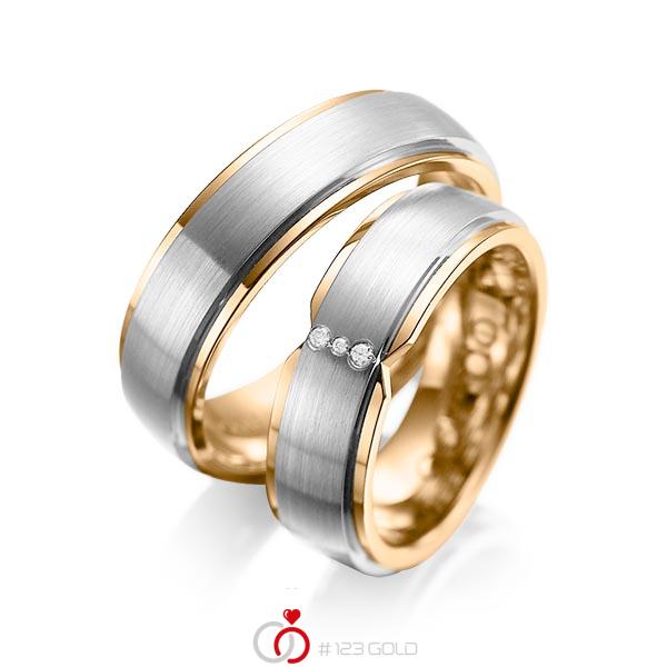 Set Bicolor trouwringen in buiten grijsgoud 14 kt. , binnen roségoud 14 kt. met in totaal 0,025 ct. Briljant tw/si van acredo - A-1063-6 Set Bicolor trouwringen in buiten grijsgoud 14 kt. , binnen roségoud 14 kt. met in totaal 0,025 ct. Briljant tw/si van acredo - A-1063-6
