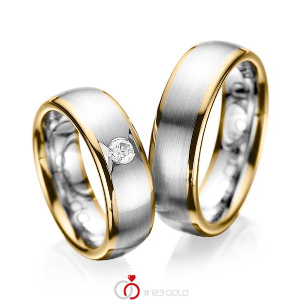Set Bicolor trouwringen in geelgoud 14 kt. grijsgoud 14 kt. met in totaal 0,15 ct. Briljant tw/si van acredo - A-1065-3 Set Bicolor trouwringen in geelgoud 14 kt. grijsgoud 14 kt. met in totaal 0,15 ct. Briljant tw/si van acredo - A-1065-3