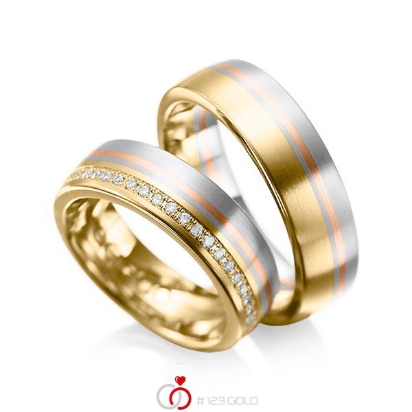 Set Bicolor trouwringen in geelgoud 14 kt. grijsgoud 14 kt. roodgoud 14 kt. met in totaal 0,216 ct. Briljant tw/si van acredo - A-1030-8 Set Bicolor trouwringen in geelgoud 14 kt. grijsgoud 14 kt. roodgoud 14 kt. met in totaal 0,216 ct. Briljant tw/si van acredo - A-1030-8