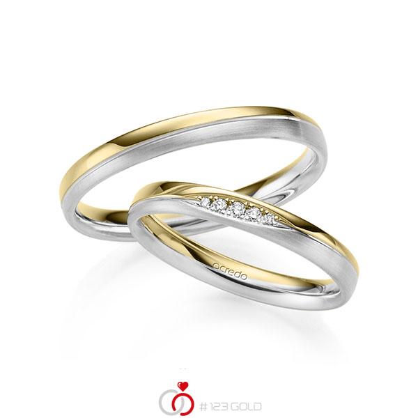 Set Bicolor trouwringen in geelgoud 14 kt. witgoud 14 kt. met in totaal 0,045 ct. Briljant tw/si van acredo - S-1260-3 Set Bicolor trouwringen in geelgoud 14 kt. witgoud 14 kt. met in totaal 0,045 ct. Briljant tw/si van acredo - S-1260-3