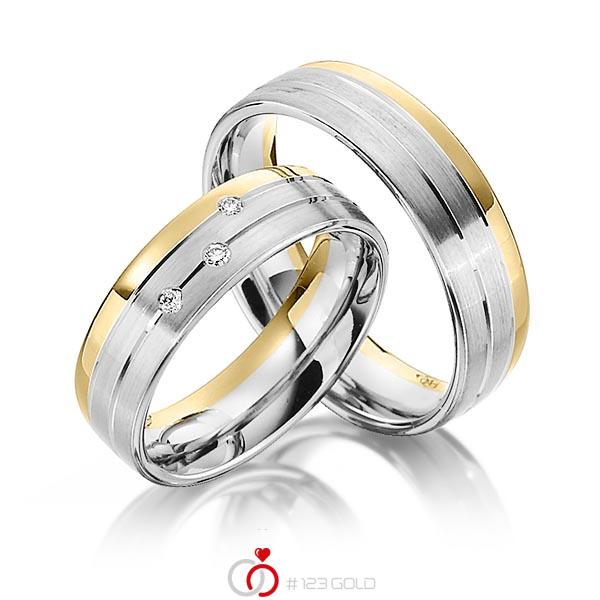 Set Bicolor trouwringen in geelgoud 14 kt. witgoud 14 kt. met in totaal 0,06 ct. Briljant tw/si van Steinberg - Q-1340-7 Set Bicolor trouwringen in geelgoud 14 kt. witgoud 14 kt. met in totaal 0,06 ct. Briljant tw/si van Steinberg - Q-1340-7