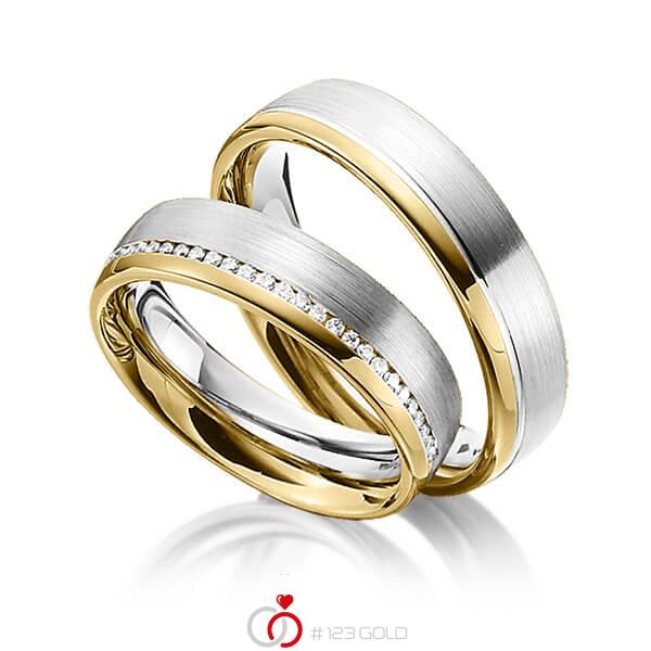 Set Bicolor trouwringen in geelgoud 14 kt. witgoud 14 kt. met in totaal 0,145 ct. Briljant tw/si van Steinberg - Q-1337-9 Set Bicolor trouwringen in geelgoud 14 kt. witgoud 14 kt. met in totaal 0,145 ct. Briljant tw/si van Steinberg - Q-1337-9