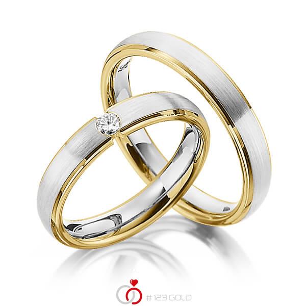 Set Bicolor trouwringen in geelgoud 14 kt. witgoud 14 kt. met in totaal 0,1 ct. Briljant tw/si van Steinberg - Q-1341-3 Set Bicolor trouwringen in geelgoud 14 kt. witgoud 14 kt. met in totaal 0,1 ct. Briljant tw/si van Steinberg - Q-1341-3