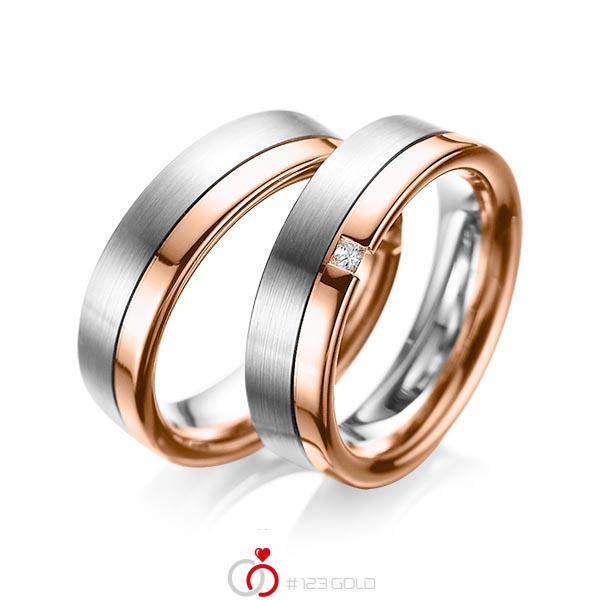 Set Bicolor trouwringen in grijsgoud 14 kt. roodgoud 14 kt. met in totaal 0,04 ct. Princess-Diamant tw/si van acredo - A-1064-2 Set Bicolor trouwringen in grijsgoud 14 kt. roodgoud 14 kt. met in totaal 0,04 ct. Princess-Diamant tw/si van acredo - A-1064-2