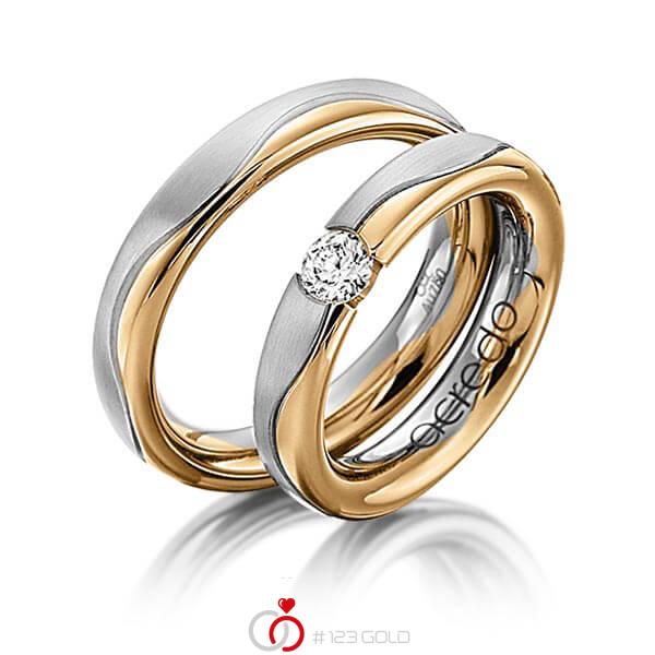 Set Bicolor trouwringen in grijsgoud 14 kt. roségoud 14 kt. met 0,3 ct. Briljant tw/si van acredo - A-1120-10 Set Bicolor trouwringen in grijsgoud 14 kt. roségoud 14 kt. met 0,3 ct. Briljant tw/si van acredo - A-1120-10