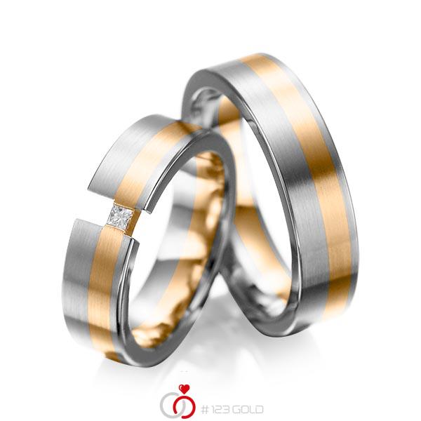Set Bicolor trouwringen in grijsgoud 14 kt. roségoud 14 kt. met in totaal 0,05 ct. Princess-Diamant tw/si van acredo - A-1025-9 Set Bicolor trouwringen in grijsgoud 14 kt. roségoud 14 kt. met in totaal 0,05 ct. Princess-Diamant tw/si van acredo - A-1025-9