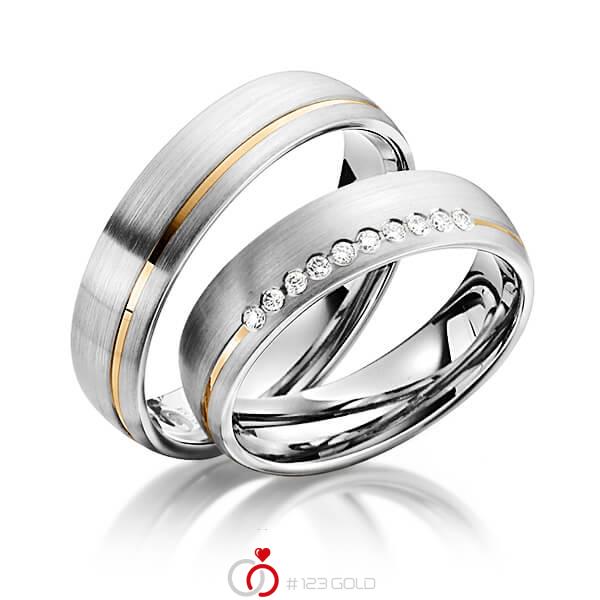 Set Bicolor trouwringen in grijsgoud 14 kt. roségoud 14 kt. met in totaal 0,1 ct. Briljant tw/si van Steinberg - Q-1346-10 Set Bicolor trouwringen in grijsgoud 14 kt. roségoud 14 kt. met in totaal 0,1 ct. Briljant tw/si van Steinberg - Q-1346-10