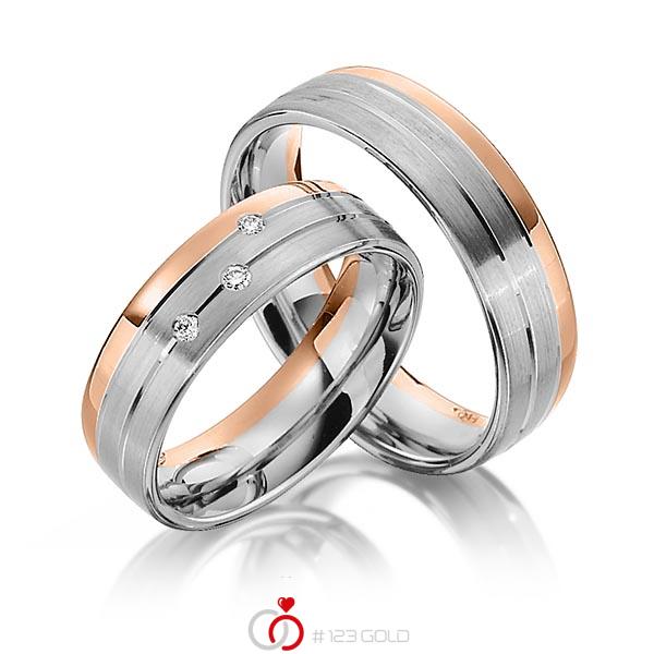 Set Bicolor trouwringen in roodgoud 14 kt. dark grey gold 14 kt. met in totaal 0,06 ct. Briljant tw/si van Steinberg - Q-1340-15 Set Bicolor trouwringen in roodgoud 14 kt. dark grey gold 14 kt. met in totaal 0,06 ct. Briljant tw/si van Steinberg - Q-1340-15