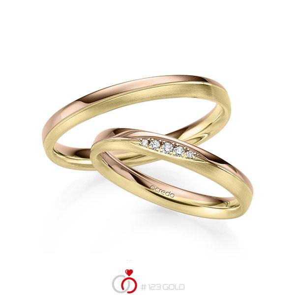 Set Bicolor trouwringen in roodgoud 14 kt. geelgoud 14 kt. met in totaal 0,045 ct. Briljant tw/si van acredo - S-1260-1 Set Bicolor trouwringen in roodgoud 14 kt. geelgoud 14 kt. met in totaal 0,045 ct. Briljant tw/si van acredo - S-1260-1