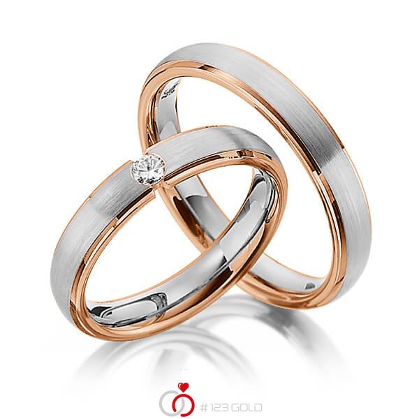 Set Bicolor trouwringen in roodgoud 14 kt. grijsgoud 14 kt. met in totaal 0,1 ct. Briljant tw/si van Steinberg - Q-1341-7 Set Bicolor trouwringen in roodgoud 14 kt. grijsgoud 14 kt. met in totaal 0,1 ct. Briljant tw/si van Steinberg - Q-1341-7