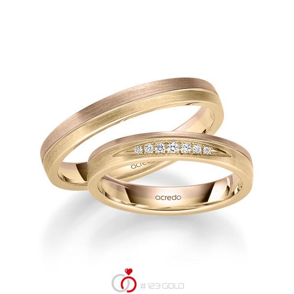 Set Bicolor trouwringen in roodgoud 14 kt. roségoud 14 kt. met in totaal 0,061 ct. Briljant tw/si van acredo - S-1255-2 Set Bicolor trouwringen in roodgoud 14 kt. roségoud 14 kt. met in totaal 0,061 ct. Briljant tw/si van acredo - S-1255-2